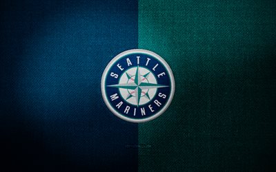 シアトル・マリナーズのバッジ, 4k, 青い布の背景, mlb, シアトル・マリナーズのロゴ, シアトル・マリナーズのエンブレム, 野球, スポーツのロゴ, シアトル・マリナーズの旗, シアトル・マリナーズ
