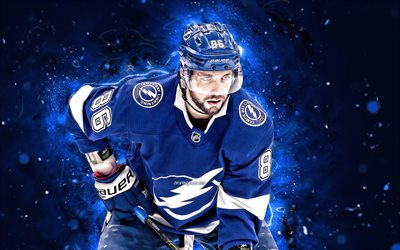 Nikita Kucherov, 4k, blue neon lights, Tampa Bay Lightning, NHL, hockey, Nikita Kucherov 4K, blue abstract background, Nikita Kucherov Tampa Bay Lightning
