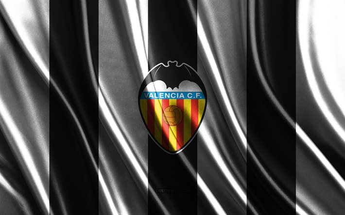 logotipo de valencia cf, la liga, textura de seda blanca negra, equipo de fútbol español, valencia cf, fútbol, ​​bandera de seda, emblema de valencia cf, españa, insignia de valencia cf