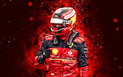 Carlos Sainz, 4k, red neon lights, Formula One, Scuderia Ferrari, Formula 1, F1, Carlos Sainz Scuderia Ferrari, creative, spanish racing drivers, Carlos Sainz 4K