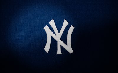 ニューヨーク・ヤンキースのバッジ, 4k, 青い布の背景, mlb, ニューヨーク・ヤンキースのロゴ, 野球, スポーツのロゴ, ニューヨーク・ヤンキースの旗, ニューヨークヤンキース, ニューヨーク・ヤンキース
