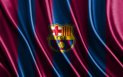 logo do fc barcelona, la liga, textura de seda azul bordô, time de futebol espanhol, fc barcelona, futebol, bandeira de seda, emblema do fc barcelona, espanha, catalunha