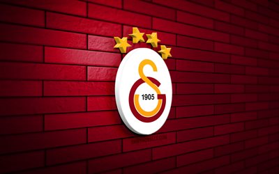 galatasaray 3d-logo, 4k, lila brickwall, super lig, fußball, türkischer fußballverein, galatasaray-logo, galatasaray-emblem, galatasaray sk, sportlogo, galatasaray fc