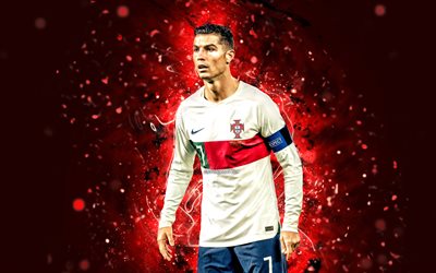4k, Cristiano Ronaldo, 2022, Portugal National Football Team, red neon lights, white uniform, CR7, soccer, footballers, red abstract background, Portuguese football team, Cristiano Ronaldo 4K