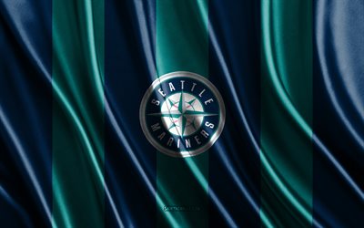 4k, Seattle Mariners, MLB, blue teal silk texture, Seattle Mariners flag, American baseball team, baseball, silk flag, Seattle Mariners emblem, USA, Seattle Mariners badge