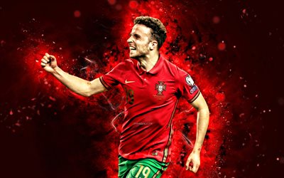 Diogo Jota, 4k, red neon lights, Portugal National Football Team, soccer, footballers, red abstract background, Portuguese football team, Diogo Jota 4K