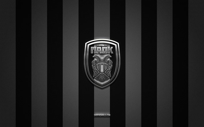 paok fc logosu, yunan futbol takımı, süper lig yunanistan, siyah beyaz karbon arka plan, paok fc amblemi, futbol, paok fc, yunanistan, paok fc metal logosu