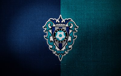 distintivo avispa fukuoka, 4k, sfondo blu tessuto turchese, lega j1, logo avispa fukuoka, stemma avispa fukuoka, logo sportivo, bandiera avispa fukuoka, squadra di calcio giapponese, avispa fukuoka, calcio, avispa fukuoka fc