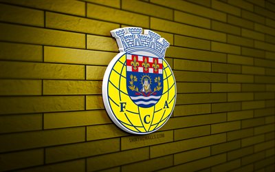 logotipo fc arouca 3d, 4k, pared de ladrillo amarillo, primera liga, fútbol, club de fútbol portugués, escudo fc arouca, liga portugal, fc arouca, logotipo deportivo