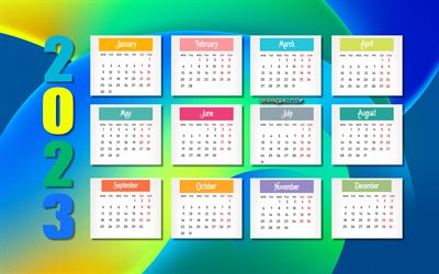 calendário azul verde 2023, 4k, todos os meses, calendário 2023, conceitos de 2023, calendário abstrato 2023, fundo abstrato azul verde, 2023 calendário de todos os meses, arte abstrata