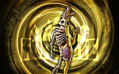 4k, Peely Bone, Fortnite, yellow grunge spiral background, Peely Bone Skin, Peely Bone Fortnite character, Peely Bone Fortnite, Fortnite characters, grunge art