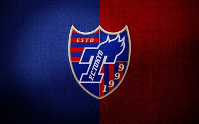 stemma dell'fc tokyo, 4k, sfondo di tessuto rosso blu, lega j1, logo dell'fc tokyo, logo sportivo, bandiera dell'fc tokyo, squadra di calcio giapponese, fc tokyo, calcio, tokio fc