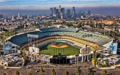 4k, Dodger Stadium, baseball stadium, Los Angeles, California, Los Angeles Dodgers Stadium, Major League Baseball, Elysian Park, baseball, Los Angeles cityscape, Los Angeles skyline, USA