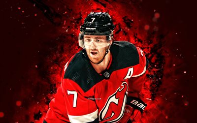 Dougie Hamilton, 4k, red neon lights, New Jersey Devils, NHL, hockey, Dougie Hamilton 4K, red abstract background, Dougie Hamilton New Jersey Devils