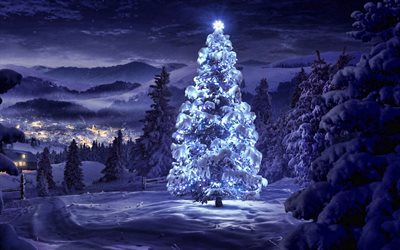 árbol de navidad, noche, montañas, alpes, feliz navidad, árbol de navidad con guirnaldas, año nuevo, invierno, nieve, bosque
