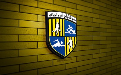 logotipo de al mokawloon al arab sc 3d, 4k, pared de ladrillo amarillo, premier league egipcia, fútbol, club de fútbol egipcio, logotipo de al mokawloon al arab sc, emblema al mokawloon al arab sc, al mokawloon al arab sc, logotipo deportivo, contratistas árabes fc