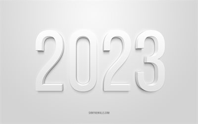 2023 خلفية بيضاء ثلاثية الأبعاد, 4k, عام جديد سعيد 2023, خلفية بيضاء, 2023 مفاهيم, 2023 سنة جديدة سعيدة, 2023 الخلفية