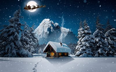 새해 전날, 4k, 새해 복 많이 받으세요, 겨울, 순록에 산타, 숲 속의 오두막, 눈 더미, 메리 크리스마스, 밤, 3d 아트