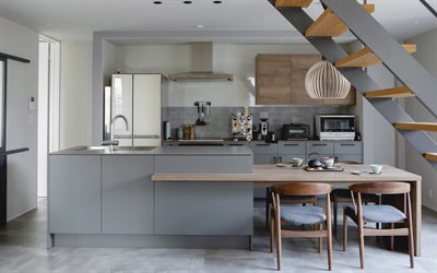 stilvolles innendesign, küche, graue küchenmöbel, graue farbe in der küche, idee für die küche, modernes interieur, küche renovierung