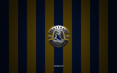 شعار أستيراس تريبوليس, فريق كرة القدم اليوناني, الدوري الممتاز اليونان, أصفر أزرق الكربون الخلفية, كرة القدم, أستيراس تريبوليس, اليونان, أستيراس تريبوليس شعار معدني