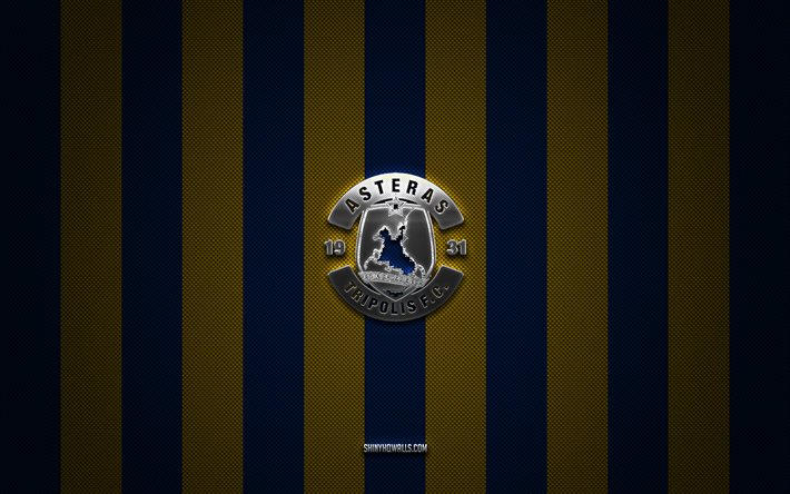 asteras tripolis fc logo, griechische fußballmannschaft, super league griechenland, gelber blauer kohlenstoffhintergrund, asteras tripolis fc emblem, fußball, asteras tripolis fc, griechenland, asteras tripolis fc metalllogo