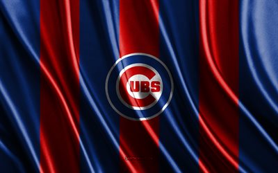 4k, filhotes de chicago, mlb, textura de seda vermelha azul, bandeira do chicago cubs, time de beisebol americano, beisebol, bandeira de seda, emblema do chicago cubs, eua, distintivo do chicago cubs