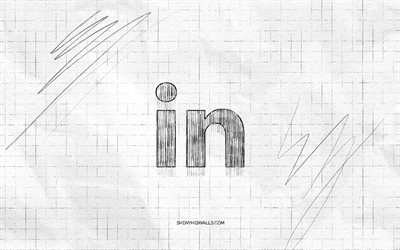 linkedin スケッチ ロゴ, 4k, 市松模様の紙の背景, linkedin の黒いロゴ, ソーシャルネットワーク, ロゴスケッチ, リンクトインのロゴ, 鉛筆画, リンクトイン