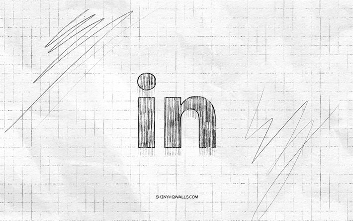 linkedin スケッチ ロゴ, 4k, 市松模様の紙の背景, linkedin の黒いロゴ, ソーシャルネットワーク, ロゴスケッチ, リンクトインのロゴ, 鉛筆画, リンクトイン
