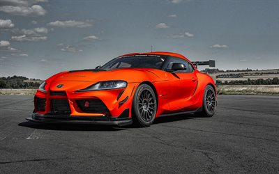 2023, Toyota GR Supra GT4, 4k, front view, exterior, orange sports car, orange Toyota GR Supra, new Supra GT4 2023, japanese sports cars, Toyota