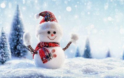 4k, 雪だるま, 冬, あけましておめでとう, メリークリスマス, 雪だるまのおもちゃ, かわいいおもちゃ, クリスマスツリー, 冬の風景
