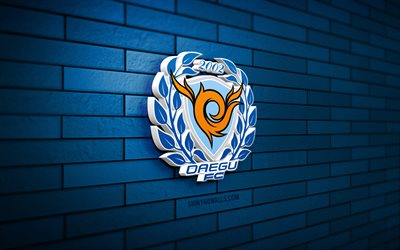 logo 3d du fc daegu, 4k, mur de brique bleu, ligue k 1, football, club de football sud coréen, logo daegu fc, emblème du daegu fc, fc daegu, logo de sport, daegu fc