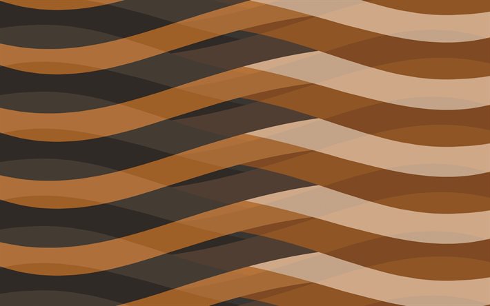 茶色の抽象的な波, 4k, 材料設計, 茶色の背景, 幾何学的な芸術, クリエイティブ, 幾何学的形状, 波と背景, 波状のパターン, 抽象的な波, 茶色のマテリアル デザイン, 抽象芸術
