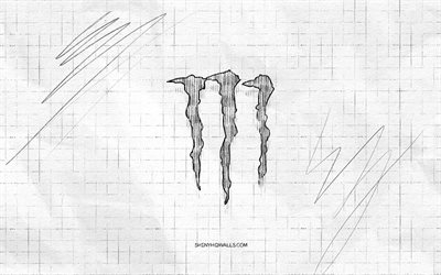logo de croquis monster energy, 4k, fond de papier à carreaux, logo monster energy noir, marques, croquis de logos, logo monster energy, dessin au crayon, énergie de monstre