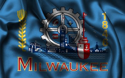 Milwaukee flag, 4K, US cities, satin flags, Day of Milwaukee, flag of Milwaukee, American cities, wavy satin flags, cities of Wisconsin, Milwaukee Wisconsin, USA, Milwaukee