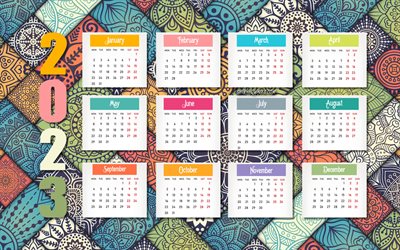 calendario ornamento colorato 2023, 4k, tutti i mesi, calendario 2023, concetti del 2023, calendario ornamentale 2023, sfondo colorato ornamento, calendario di tutti i mesi 2023, ornamento artistico