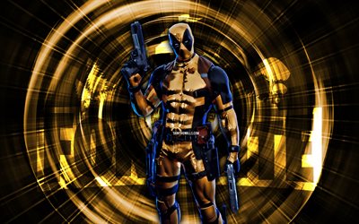 Gold Deadpool, 4k, yellow abstract background, Fortnite, abstract rays, Venture Skin, Fortnite Gold Deadpool Skin, Fortnite characters, Gold Deadpool Fortnite