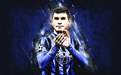 Ruslan Malinovskyi, Atalanta, portrait, Ukrainian football player, midfielder, blue stone background, Italy, football, Atalanta BC