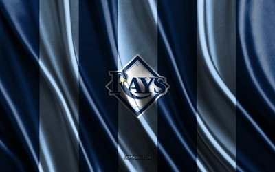 4k, Tampa Bay Rays, MLB, blue silk texture, Tampa Bay Rays flag, American baseball team, baseball, silk flag, Tampa Bay Rays emblem, USA, Tampa Bay Rays badge