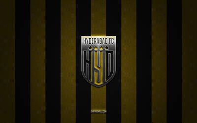 logo dell'hyderabad fc, squadra indiana di calcio, super league indiana, sfondo giallo nero carbone, stemma dell'hyderabad fc, isl, calcio, hyderabad fc, india, logo in metallo dell'hyderabad fc