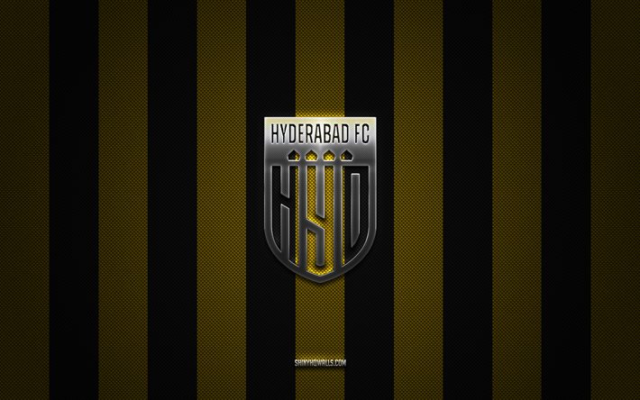 logotipo de hyderabad fc, equipo de fútbol indio, superliga india, fondo de carbono negro amarillo, emblema del fc hyderabad, isl, fútbol, hyderabad fc, india, logotipo metálico de hyderabad fc