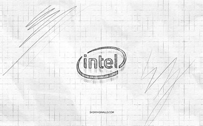 インテル スケッチ ロゴ, 4k, 市松模様の紙の背景, インテルの黒のロゴ, ブランド, ロゴスケッチ, インテルのロゴ, 鉛筆画, インテル