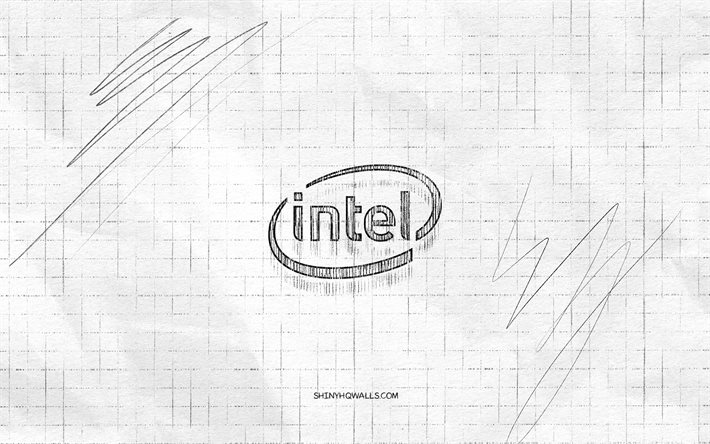 intel eskiz logosu, 4k, kareli kağıt arka plan, intel siyah logosu, markalar, logo eskizleri, intel logosu, kurşun kalem çizimi, intel