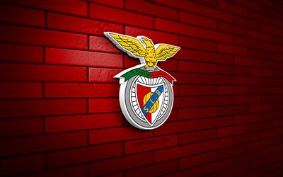 Benfica 3D logo, 4K, red brickwall, Primeira Liga, soccer, portuguese football club, Benfica logo, Liga Portugal, Benfica emblem, football, SL Benfica, sports logo, Benfica FC