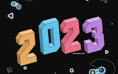 2023 retro background, 4k, black gaming background, 2023 Happy New Year, 2023 concepts, 2023 game background, Happy New Year 2023, creative 3d art