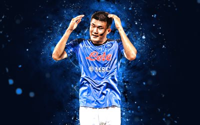 Min-jae Kim, 4k, blue neon lights, Napoli FC, soccer, Serie A, South Korean footballers, Min-jae Kim 4K, blue abstract background, football, SSC Napoli, Min-jae Kim Napoli