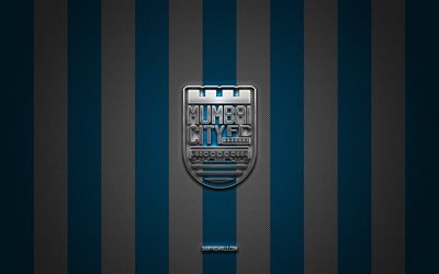 Mumbai City FC logo, Indian football team, Indian Super League, white blue carbon background, Mumbai City FC emblem, ISL, football, Mumbai City FC, India, Mumbai City FC metal logo