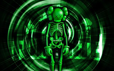 esqueleto kaws verde, 4k, fondo abstracto verde, fortnite, rayos abstractos, diseño de esqueleto verde kaws, skin esqueleto verde kaws fortnite, personajes de fortnite, esqueleto kaws verde fortnite