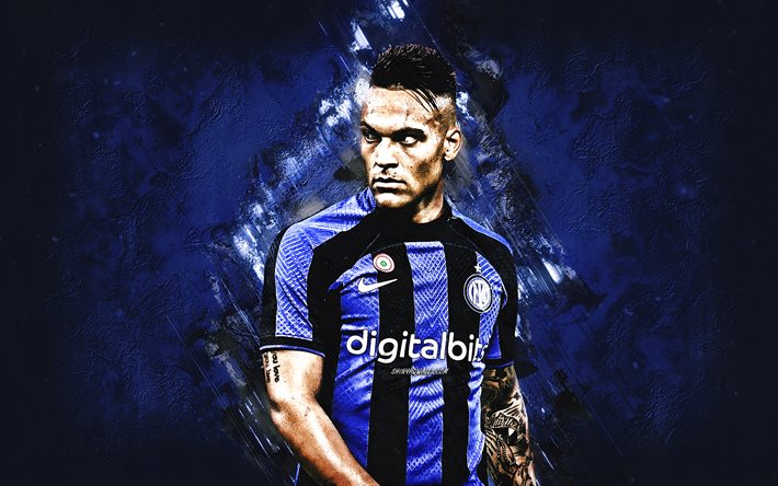 Lautaro Martinez, Inter Milan, portrait, Argentine football player, Internazionale, blue stone background, Serie A, Italy, football