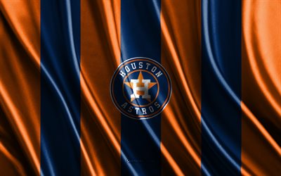 4k, houston astros, mlb, textura de seda laranja azul, bandeira do houston astros, time de beisebol americano, beisebol, bandeira de seda, emblema do houston astros, eua, distintivo do houston astros