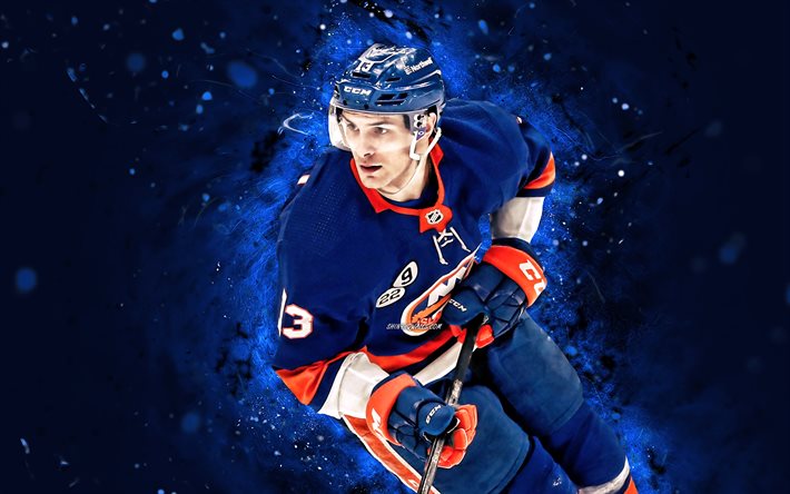 Mathew Barzal, 4k, blue neon lights, New York Islanders, NHL, hockey, Mathew Barzal 4K, blue abstract background, Mathew Barzal New York Islanders, NY Islanders